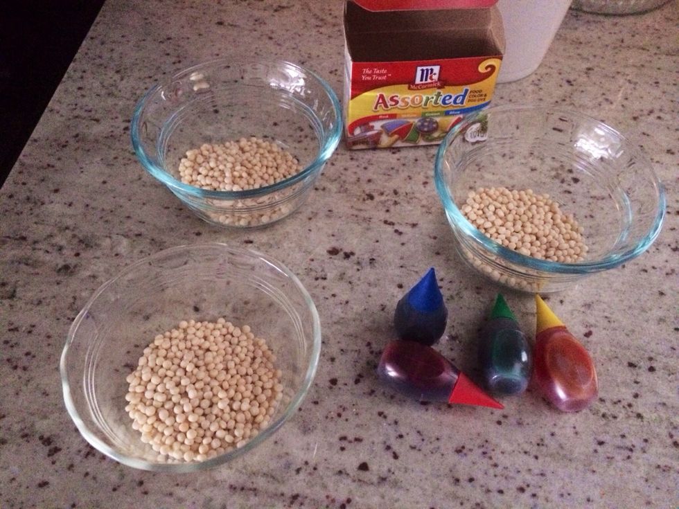 I used dried Israeli couscous here, but almost any dried grain could be used (rice, barley, even pasta or white beans). I dyed the couscous using food coloring. You could also use liquid watercolors.