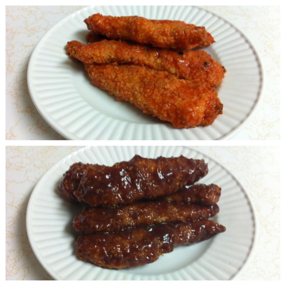 I used Franks hot sauce and Sweet Baby Ray's BBQ sauce. Enjoy!