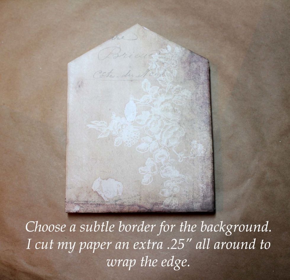 I used Glamour & Grunge Old World paper for the front. It has a subtle design with interest but doesn't detract from the overall piece. I cut my paper .25" extra all around to wrap the edge.