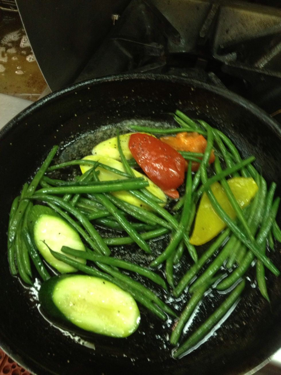 I used green beans red and yellow bell peppers and squash and zucchini and I saut\u00e9 them with the remaining butter season to your liking
