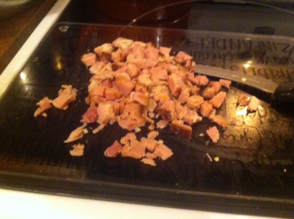 I used leftover ham from Thanksgiving. I ended up only putting into one muffin tin. About a 1/4 cup for 12 muffin cups.               The other was vegetarian :)