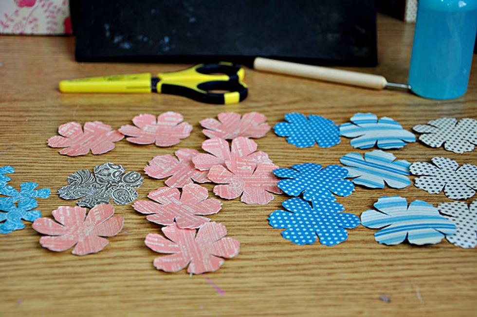 I used my Sizzix tattered floral die cut (my go to flower-maker) to cut these flowers from the 6x6 Come away with me papers.