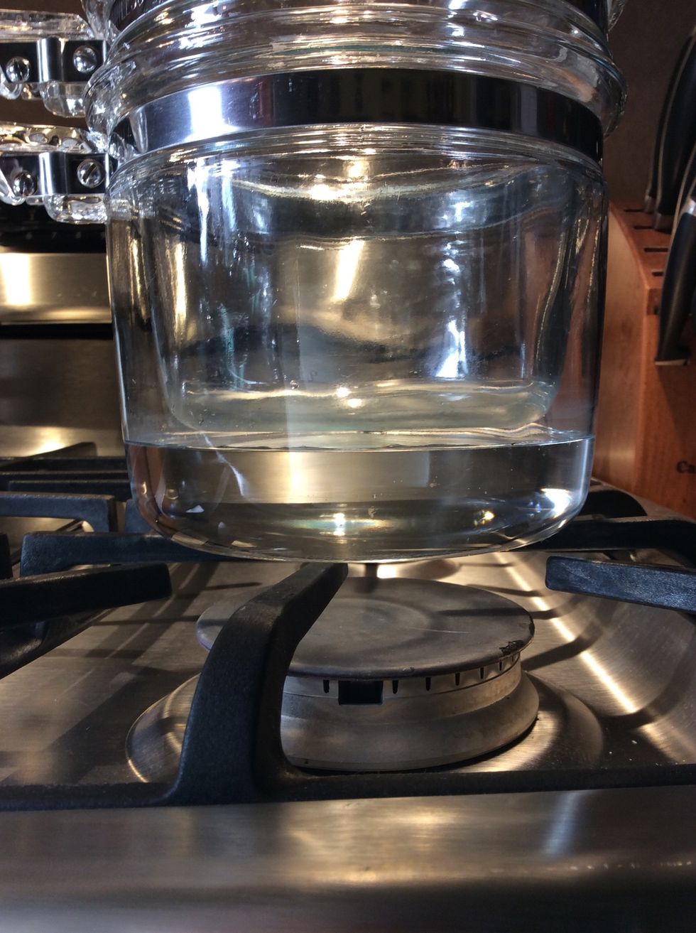 I used my vintage double boiler here. Put enough water into any double boiler until it comes just below the inside pot.