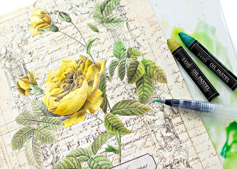 I used Olive and Cadmium Green to add color to the leaves. I mixed the two colors together as well as using them separately.