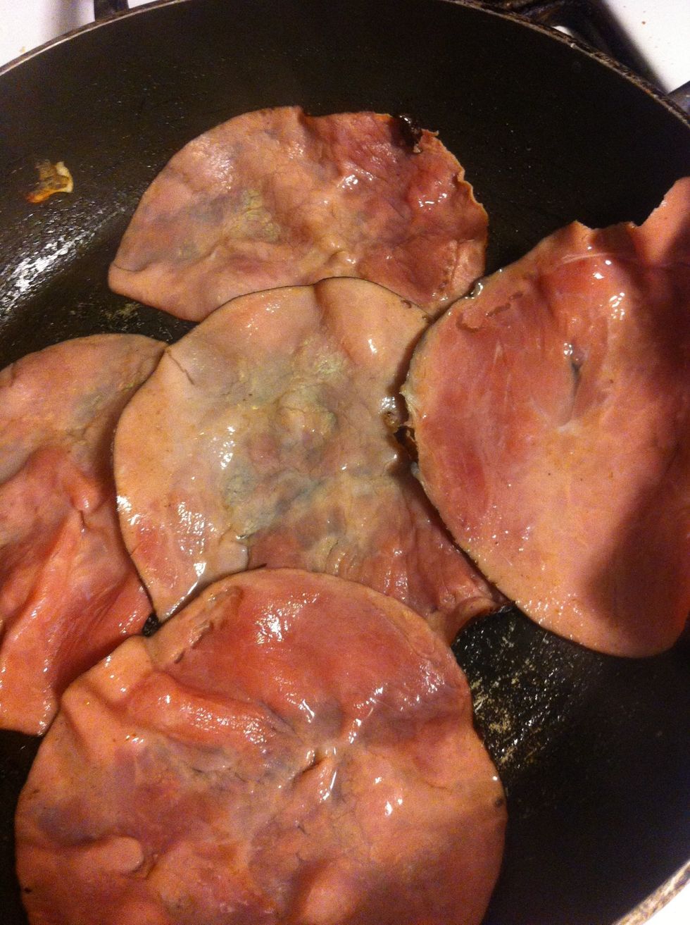 I used our deli ham. This is probably the fastest. Cook until lightly brown and when it starts to get dry. Pop the English muffin in the toaster when you get to this step!