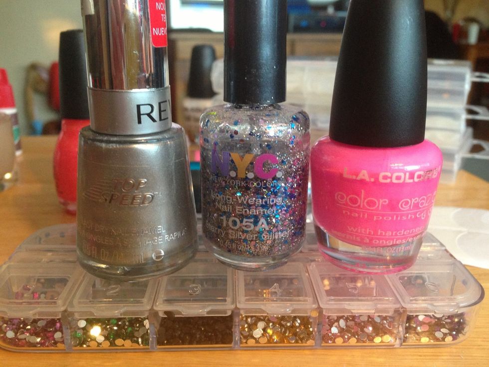 I used Revlon 041 Sterling, LA Colors Pink Bubbles, and NYC 105A Starry Silver Glitter. SODIAL rhinestones from Amazon. I like the cheap stuff. not pictured was ICING ultra shine topcoat from Claire's