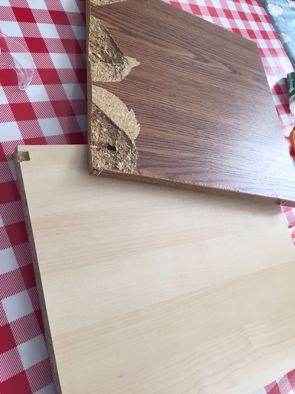 I used some old wood shelf pieces for the base, just wrapped them in wrapping paper.