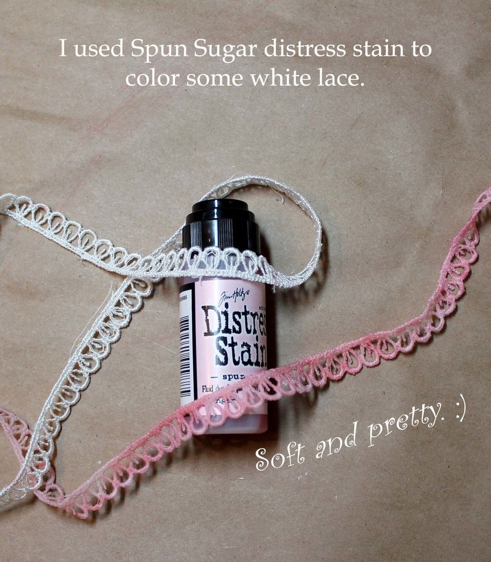 I used Spun Sugar stain to color my lace to a soft pink. Just dab some stain on your craft mat, spray with water, and swirl your lace into the liquid. So easy. So pretty. :) Add to platform box.