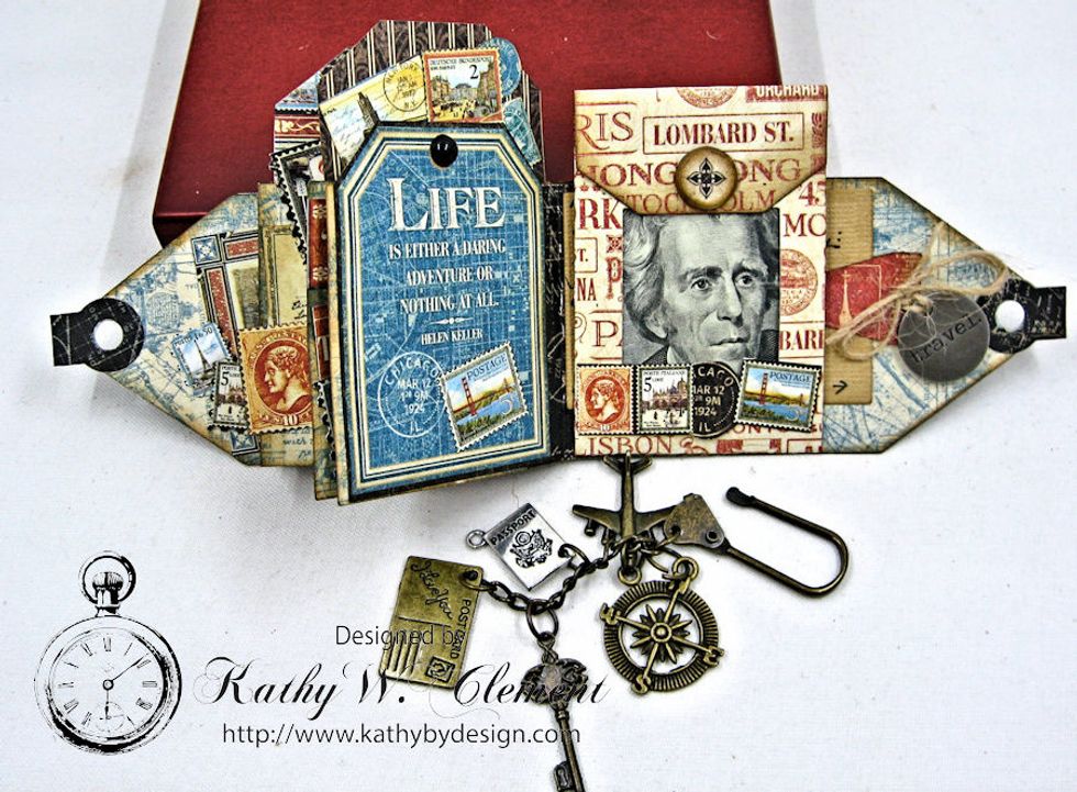 I used Tammy Tutterow's Window Mini Pocket to create this cash envelope for my Mini Tag Album. It has a magnetic closure. Glue just the bottom edge into the album to create a hidden mini postcard.