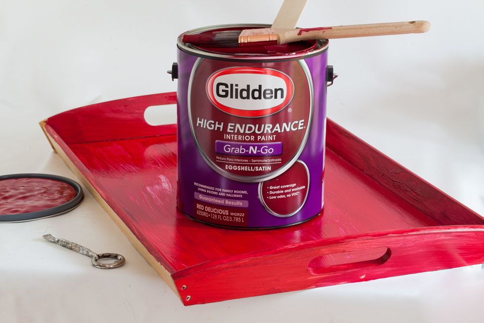 I used the color Red Delicious. The paint already has a primer in it, so there is no need to prime first. Brush on one light coat and let dry.