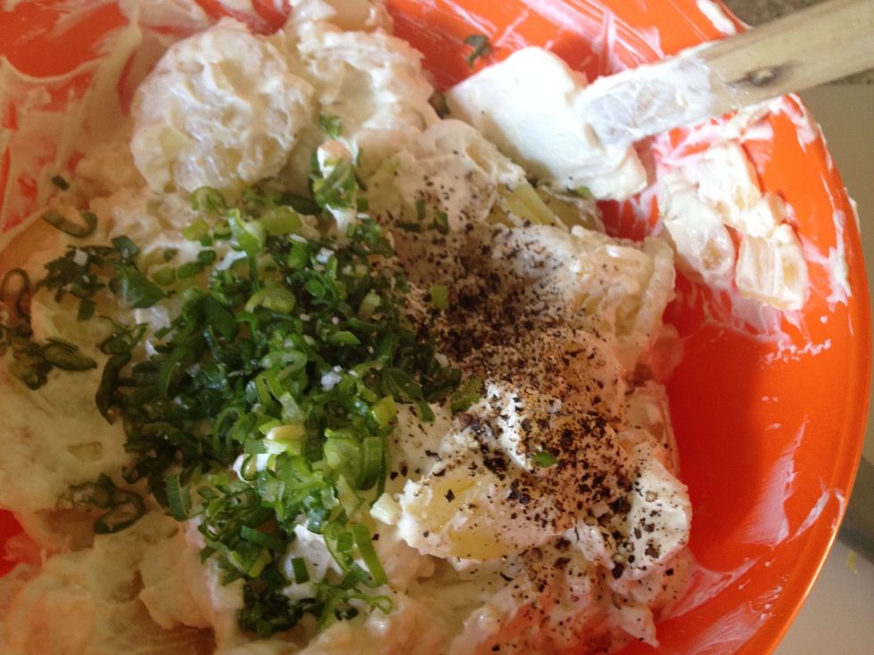 I used the green top from an onion, but you can use chives. Add sugar, salt and pepper to taste