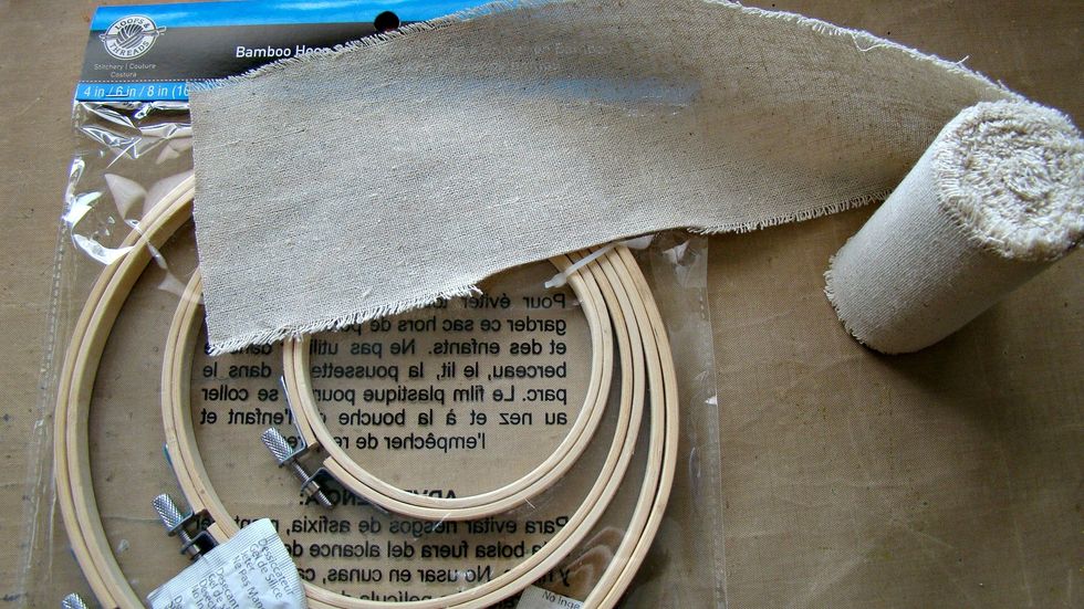 I used the largest and smallest of the embroidery hoops for this project. Cut your muslin in pieces that will fit across the widest portion of the largest hoop.