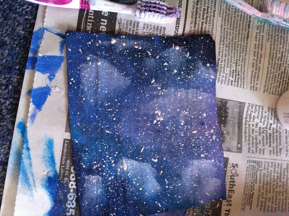 I used the tooth brush to flick silver paint onto the rectangle