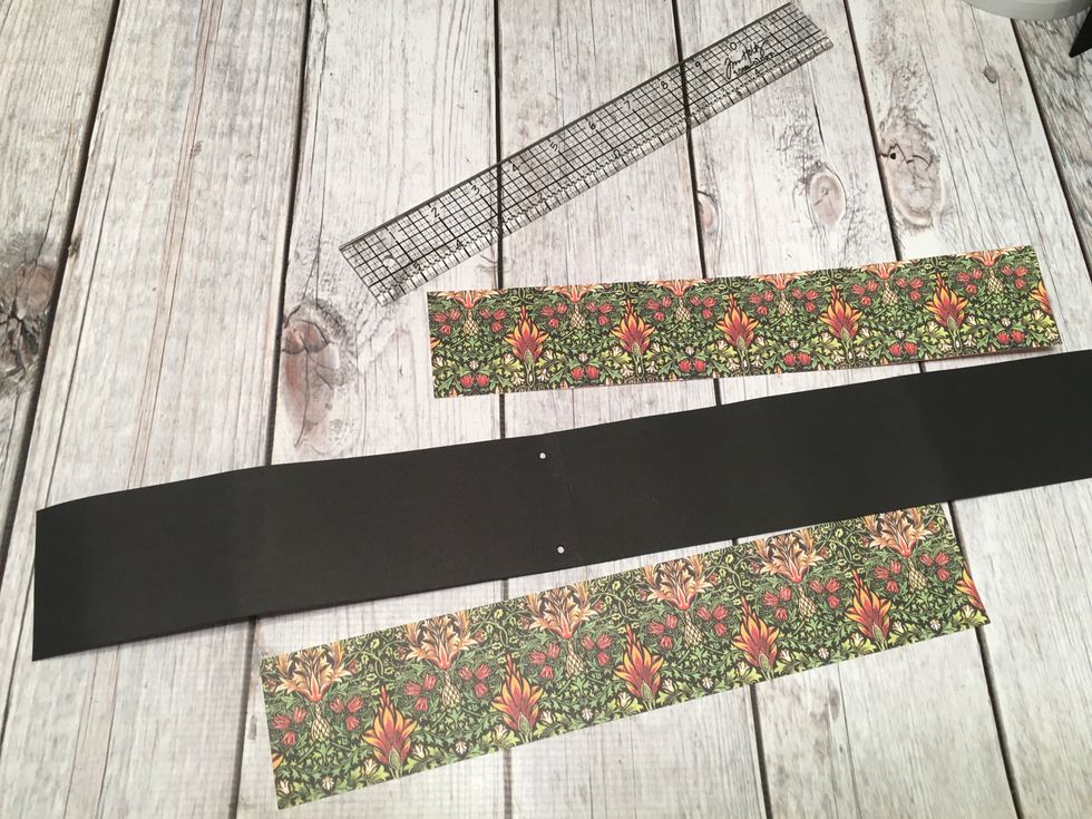 I used to 12" lengths and seamed them together.  Punch two holes for brads as shown. Cover one side with patterned paper.