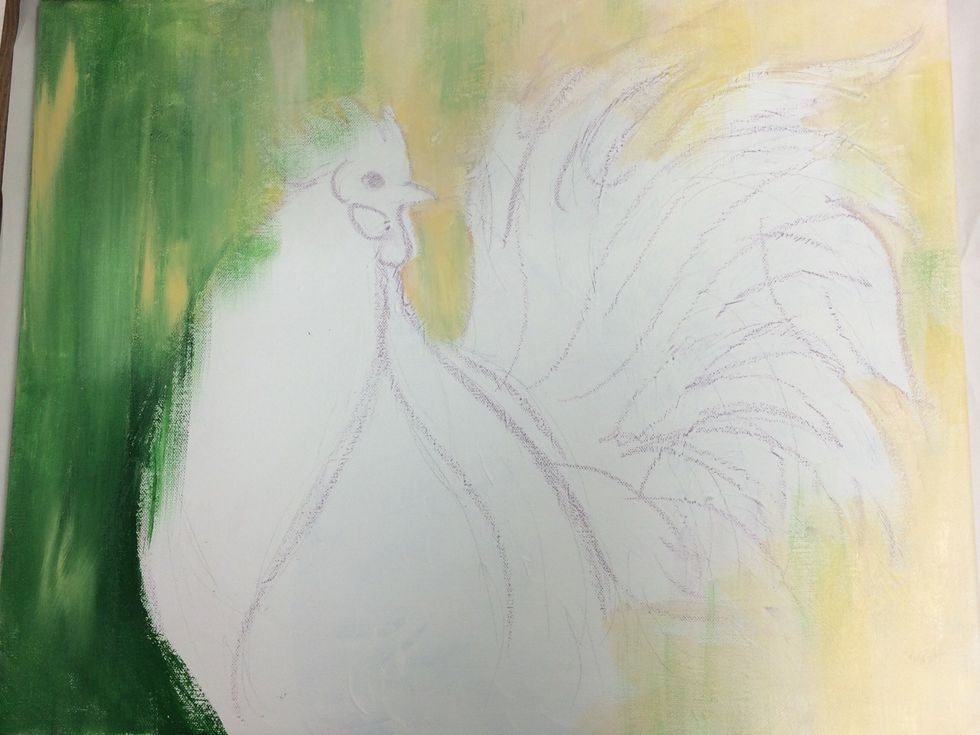 I used vertical brush strokes and blended the darker green near the chest of the rooster and the lighter colors near the tail feathers. It's okay to over lap you drawing as it can be covered up later.