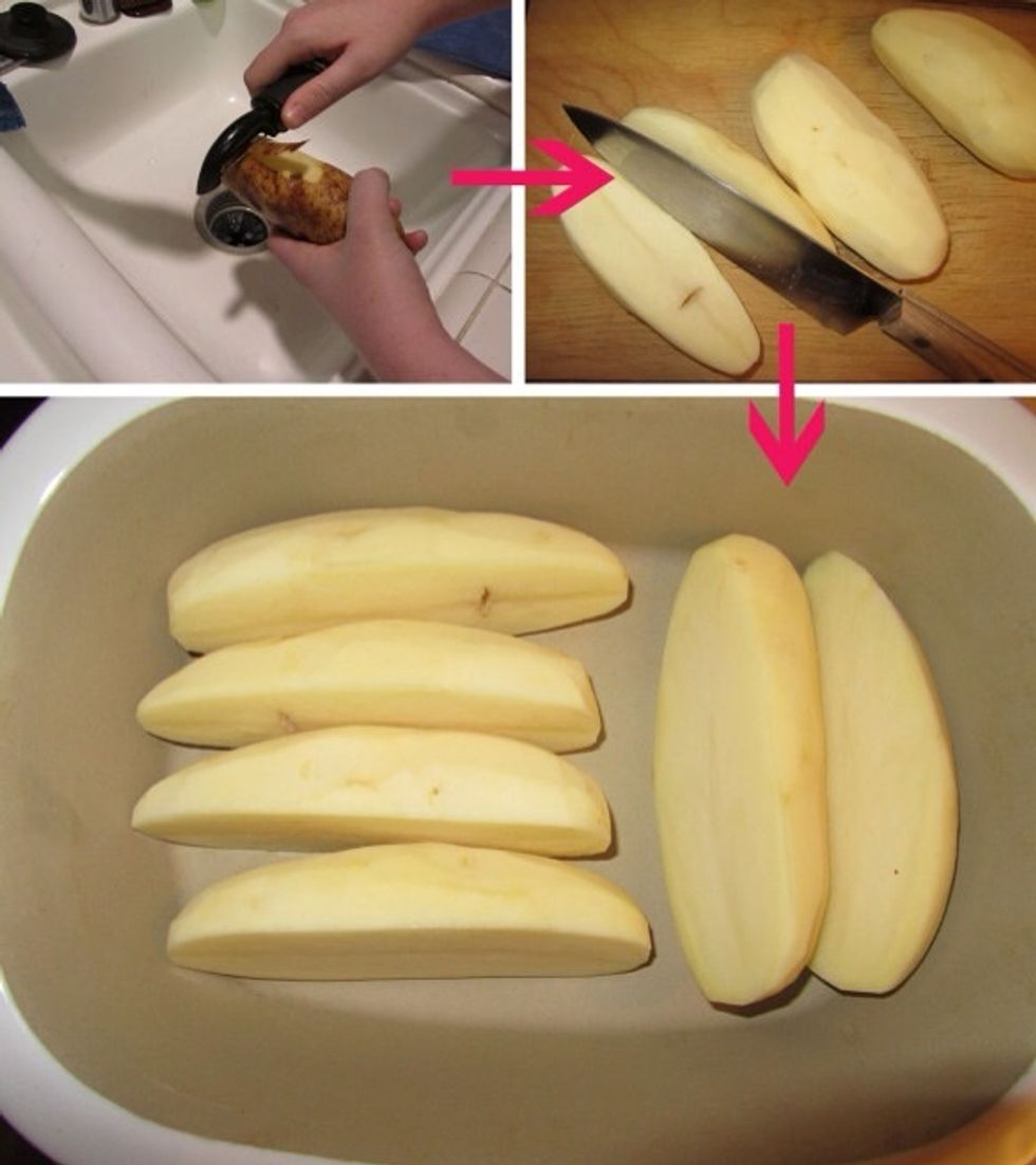 I usually start off by peeling the potatoes, but you can omit that step if you\u2019d prefer to have the skins in the soup. Slice the potatoes in half lengthwise, in place them in the baker.