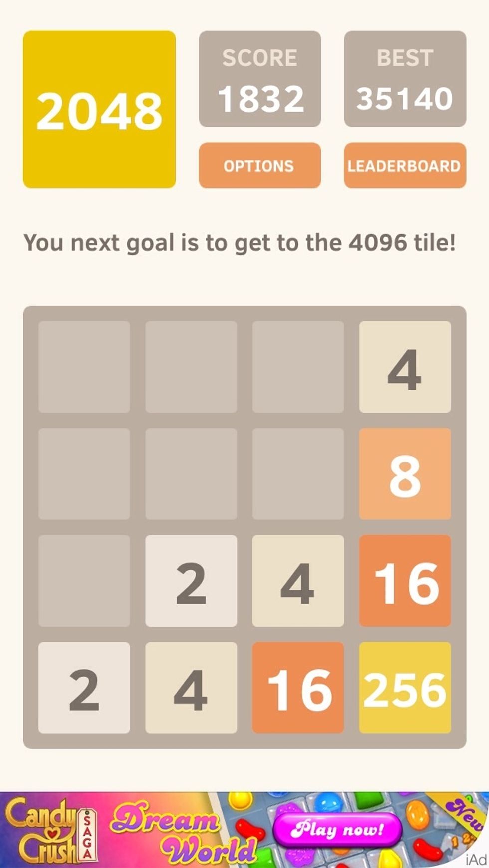 I usually swipe around to combine a few random numbers at the top of the grid. This makes new digits appear. Hopefully these will let me fill in the bottom row's gaps! In this case, it worked.