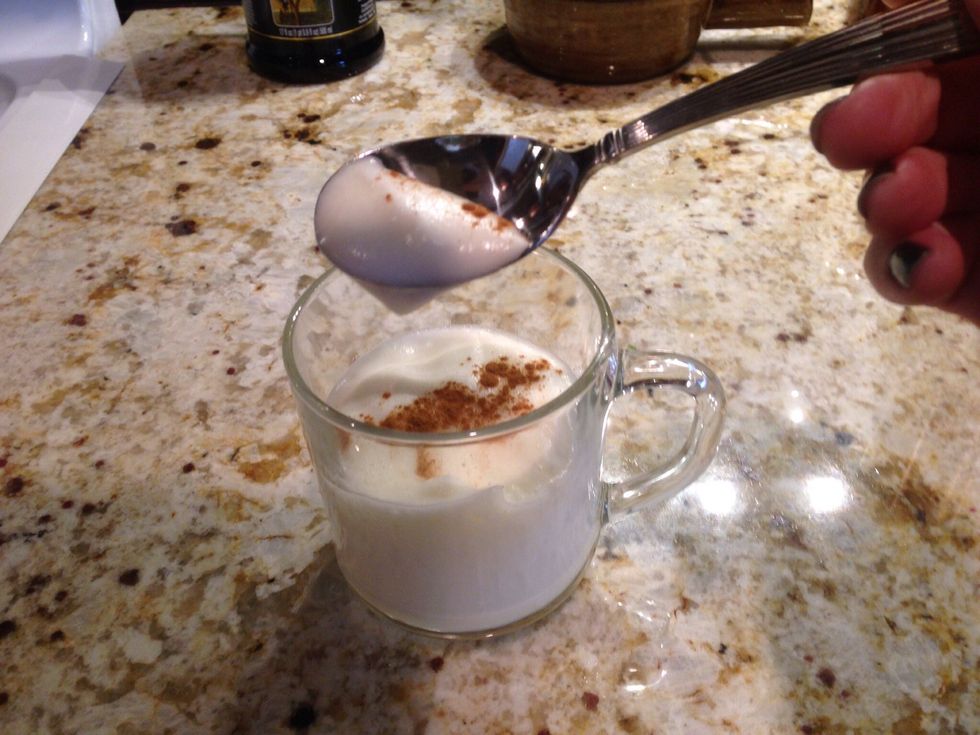 I've topped this frothy nog with cinnamon. Very festive for winter time--not to mention very low in fat. You can drink this or use it as a beverage topper.