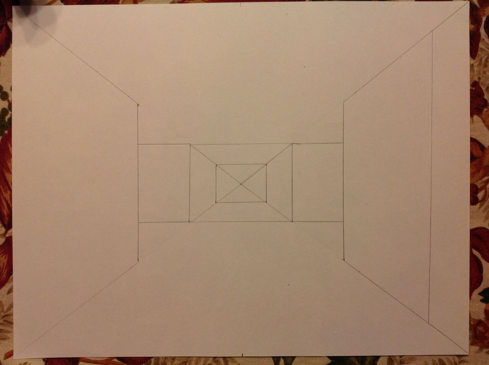 I want to draw the the break in between the hallway. Draw a parallel vertical line. The top and bottom of your line should end at the diagonals.