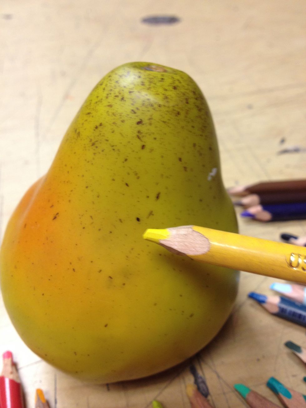 I want to start with the lightest color. I like this medium yellow as a base color as there are no real reflective areas . Using the side of my pencil and a circular stroke I cover the whole pear.