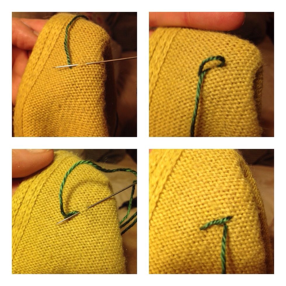 I wanted a flower motive, so I started by making a long line of stem stitches. This is how to make them.