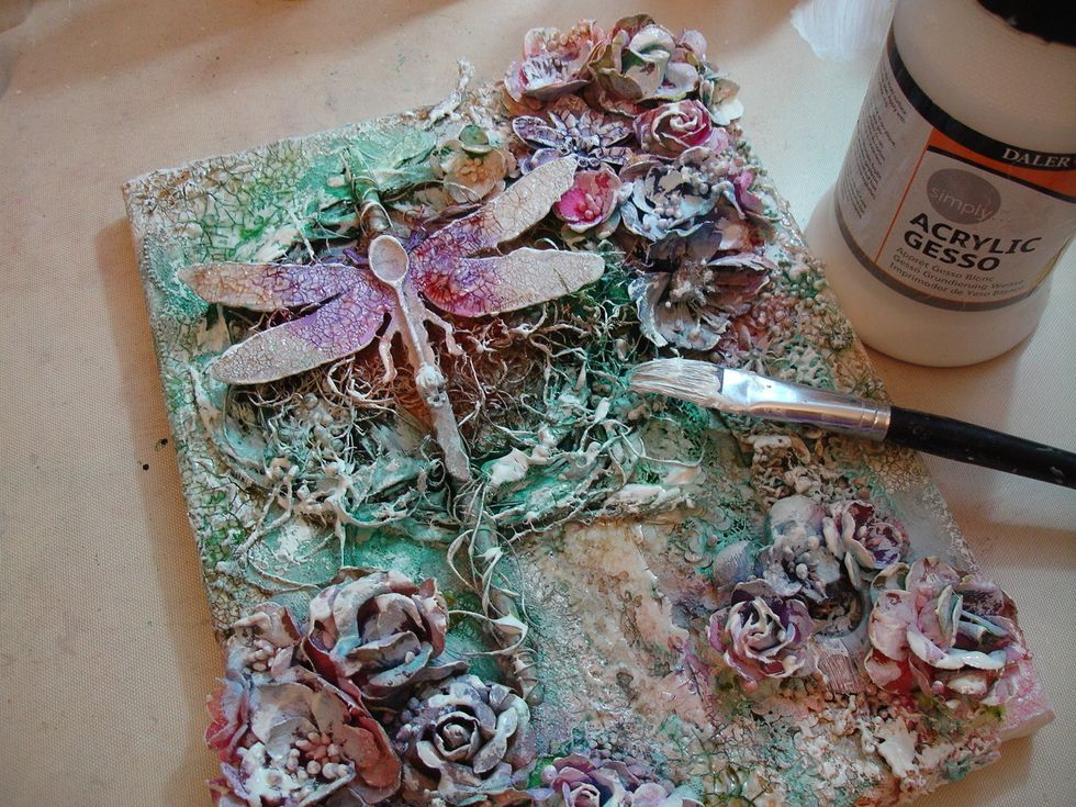 I wanted to lighten up my canvas so I touched up with some Acrylic White Gesso.