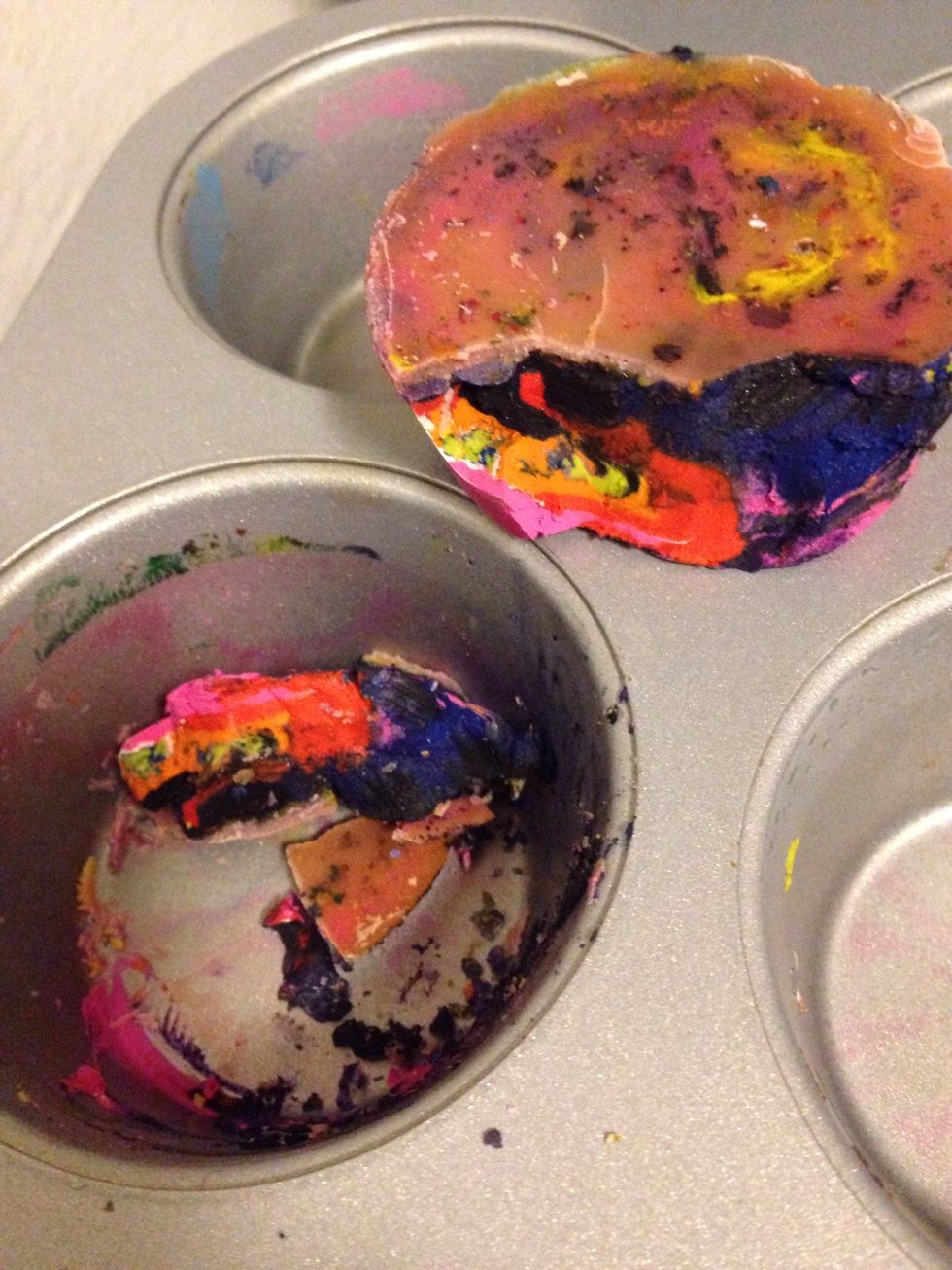 I wanted to show you what will happen if you don't let the crayons cool all the way through- when you try to take them out of the pans, they will break and crumble and stick :( - so be patient!