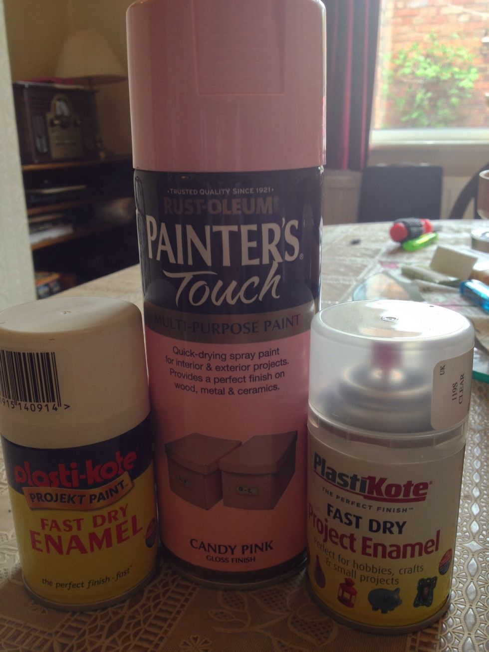 I wanted to turn my yellow typewriter in to a pastel pink one & used rust-oleum Candy Pink. I'd recommend larger cans of primer and clear coat than I used to give really good coverage & more coats.