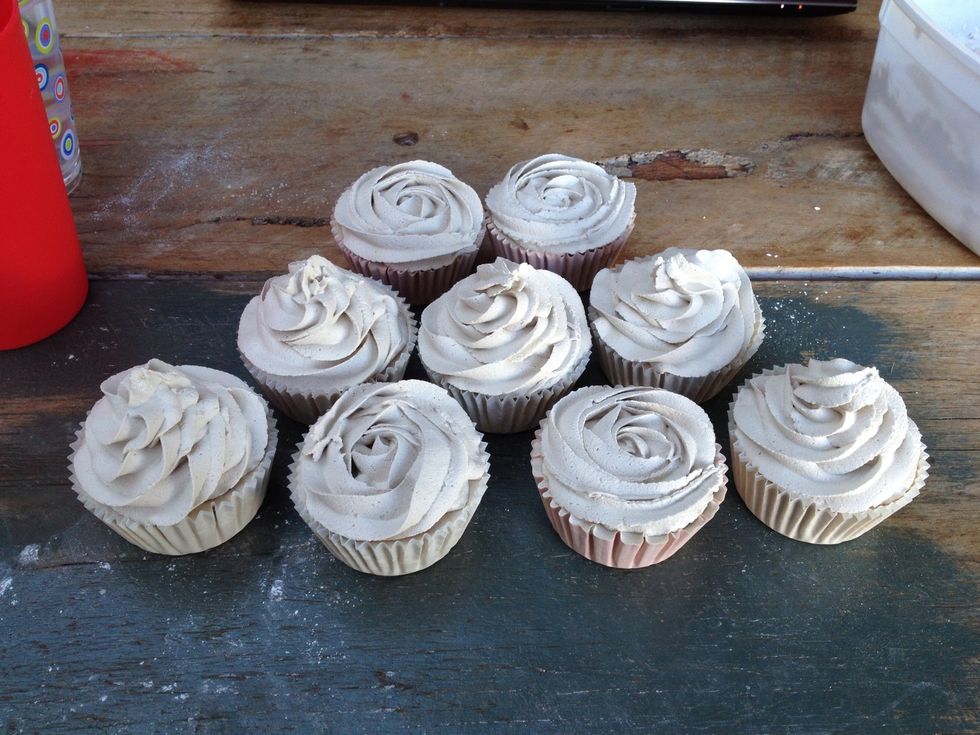 I was a little impatient this time & didn't wait for the "frosting" to dry to a thick enough consistency, so some of my taller babies flopped. But they're still cute! Set aside to dry for a few hours.
