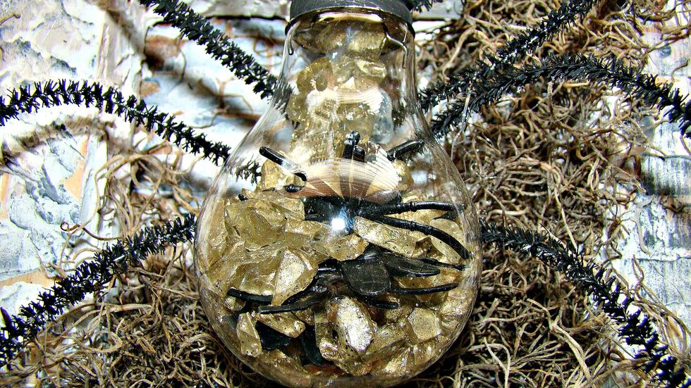 I was able to take apart the light bulb and add dollar store spiders and bugs inside as well as glass floral  filler. Glue the pipe cleaners on the back on bulb with E6000 glue.