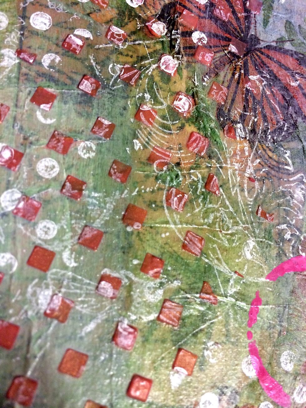 I was sad that I had covered up all of the stamped pattern tissue paper with more layers so I tried stamping that stamp with white ink. It worked, but we can't see the detail so much.