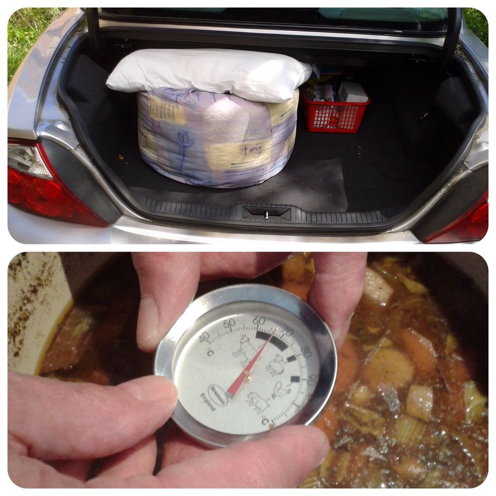 I was visiting friends so I put it in the car. Five hours later it was still 67\u00b0C, beautifully cooked and ready for the final stages. Grab the top edges of the bag to lift it not the bottom.