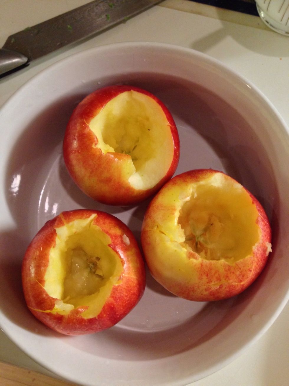 I washed the apples. Here's the tricky bit: I removed the cores to 1/2 inch of the bottom of the apples.