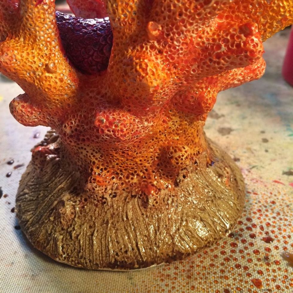 I wasnt worried about getting it on the coral colors because it was helping blend the two together. After the Warm dries, mist with Salted Caramel, again for variation in color. Dry with your heat gun