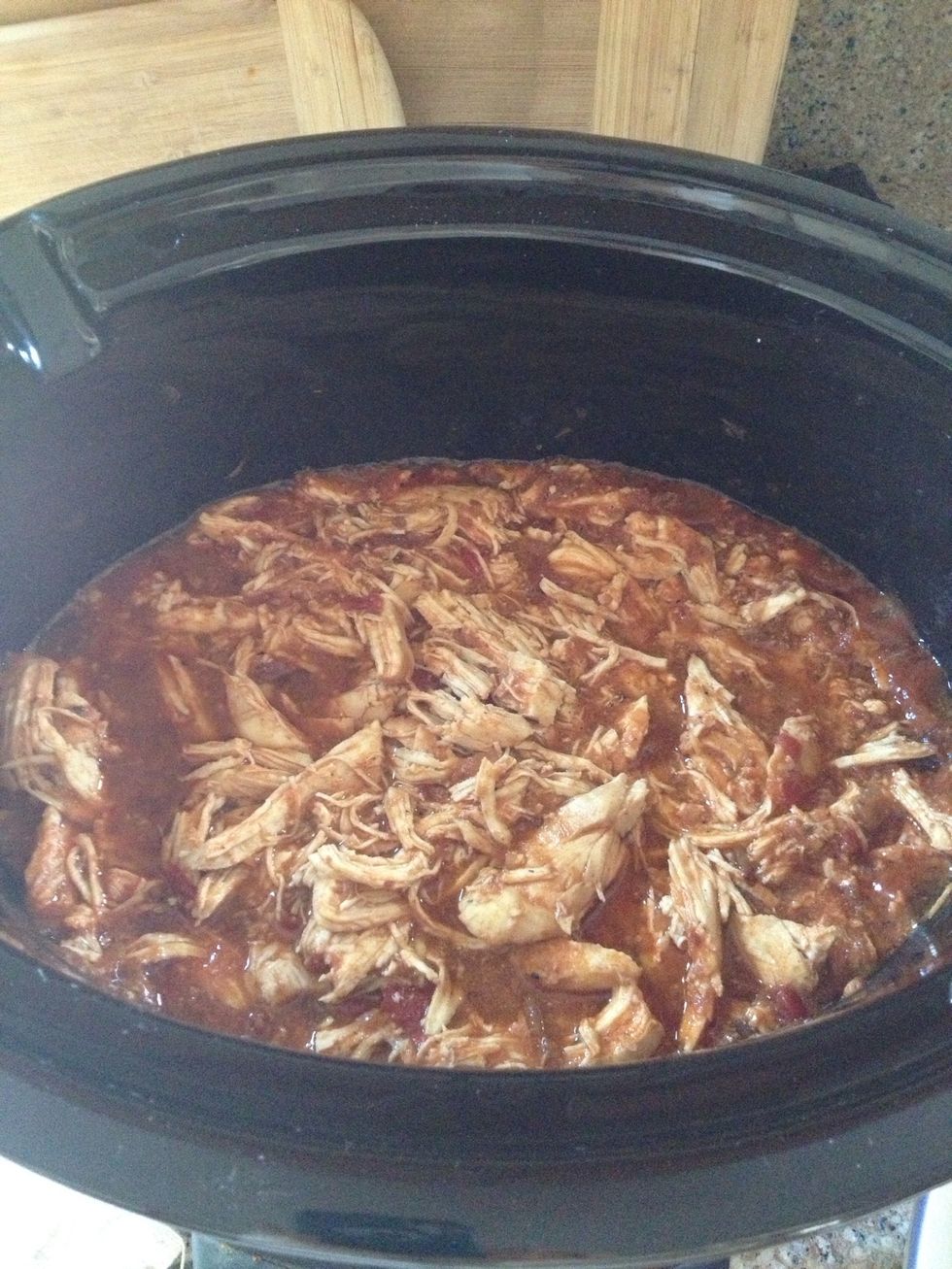 I went ahead and shredded up my chicken while in the crockpot, at about 5 hours of cooking. This way, the chicken will be tender and juicy throughout. \ud83d\ude0b