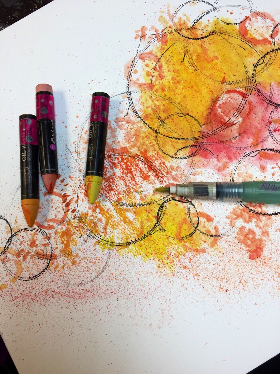 I went to work my background to fill up the areas I was highlighting. All you do is work your crayon directly on your watercolor paper then blend with your watercolor brush!