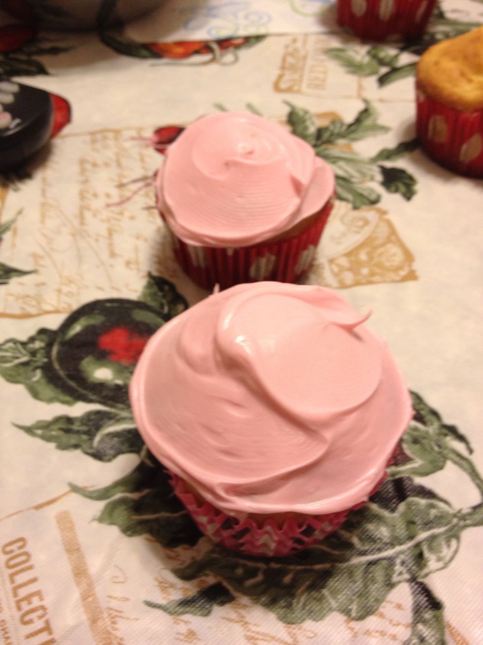 Ice the cupcakes with your favorite icing, we used strawberry and chocolate icing.