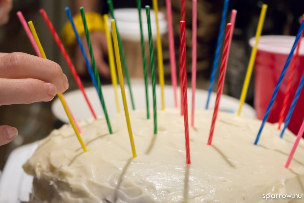 Ice with cream cheese icing. I used this cake for a friend's birthday!