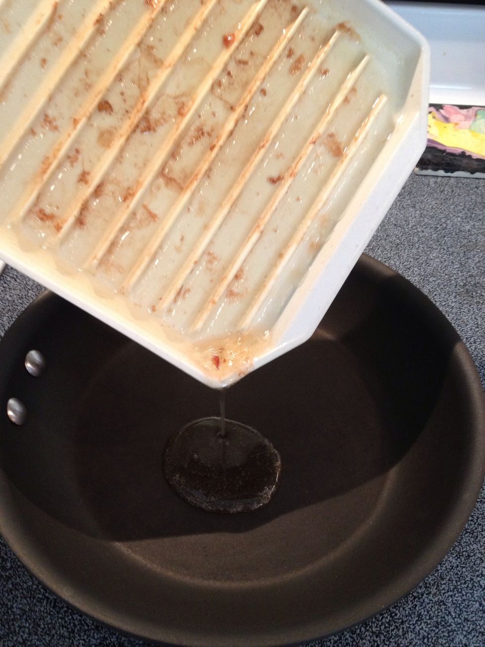 If bacon was cooked in a pan, leave bacon grease. If bacon was cooked on a microwaveable plate like one shown here, add bacon drippings to a frying pan.