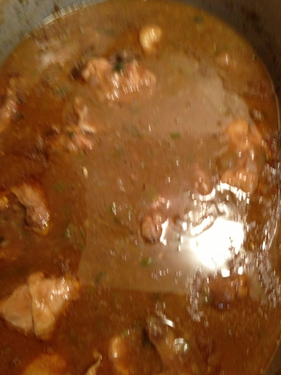 (If chicken cooked with skins, you may remove large amount of excess fat using a ladle.)