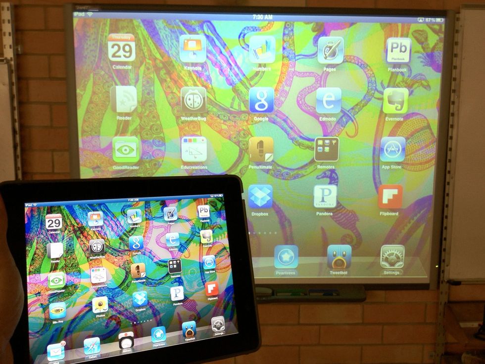If done correctly the smart board should project what ever is displayed on the apple device