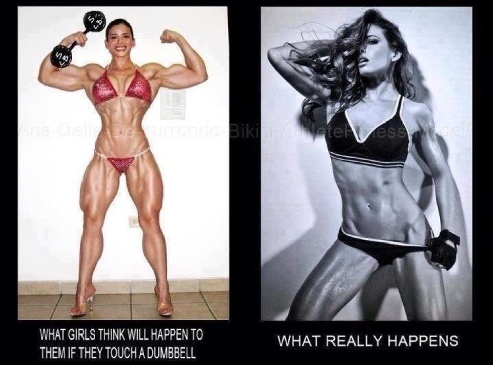 If females lift weights & do cardio you will also tone down, get those sexy lines, and lose weight. You will not look like the girl in the red bikini if you lift weight. It's impossible without drugs