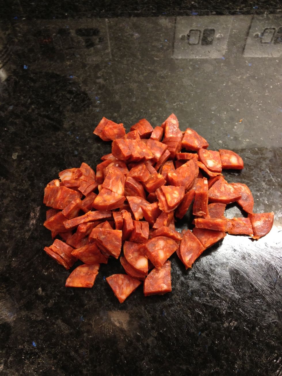 If it's a Chorizo ring, slice into coins and then quarter the coins and you should end up with this.