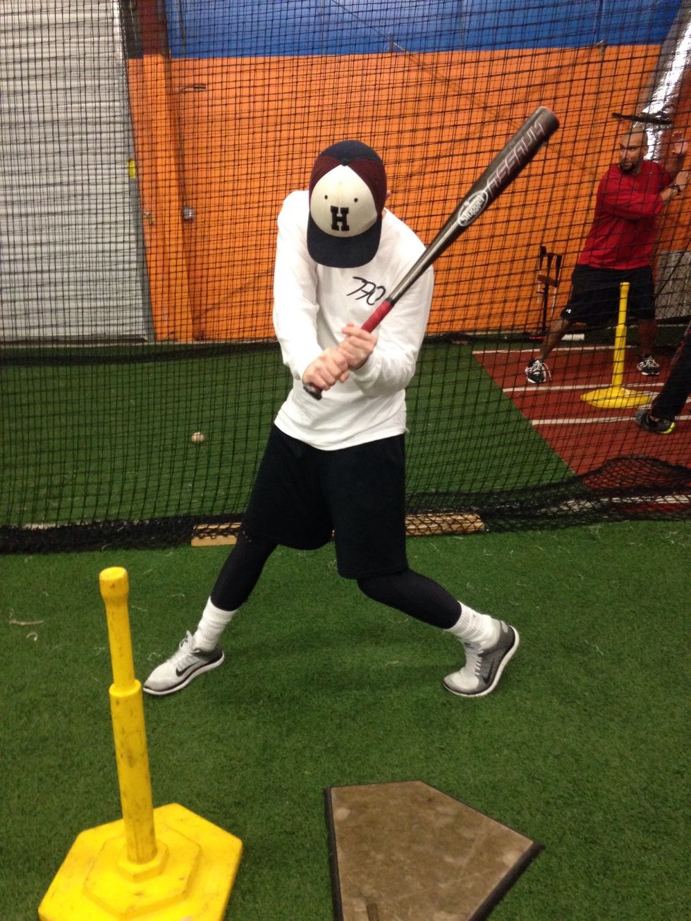 If left handed take left elbow to hip. If right handed take right elbow to front hip.