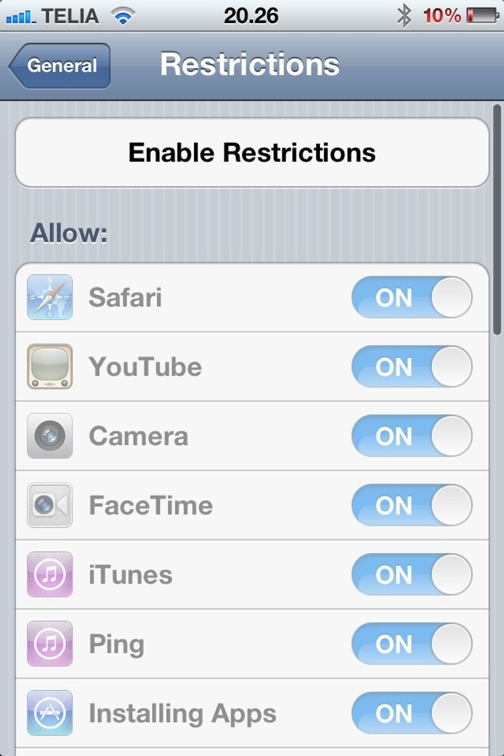 If not already enabled then you must enable restrictions by providing a pin code when prompted for it after you have clicked Enable Restrictions.