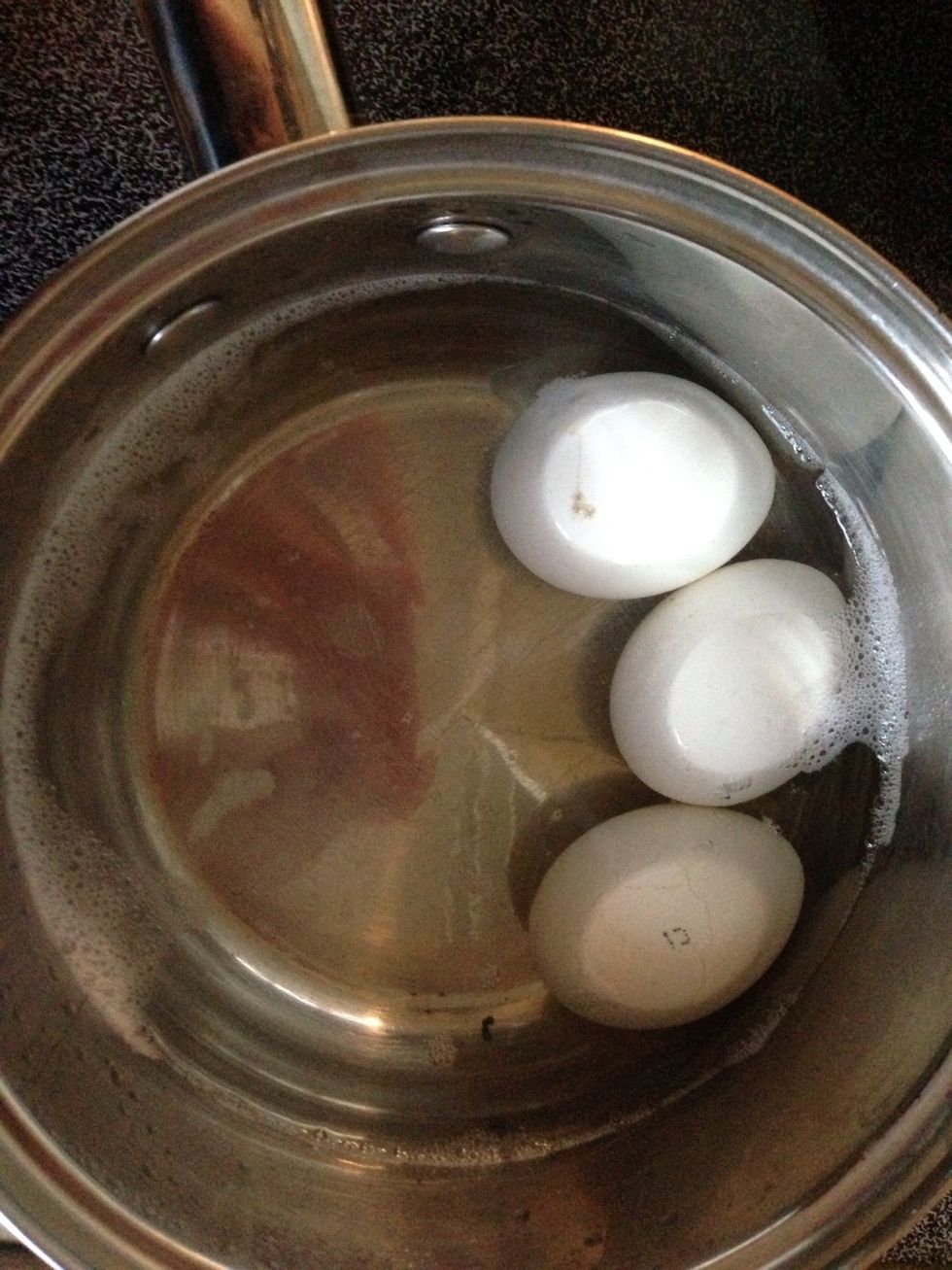 If not vegan, boil the eggs 5-7 minutes meanwhile; take them off heat and put under the cold shower for a while - they will peel off better