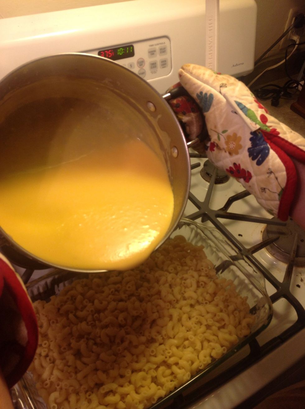 If the cheese it thick enough, it oozes over the pan.