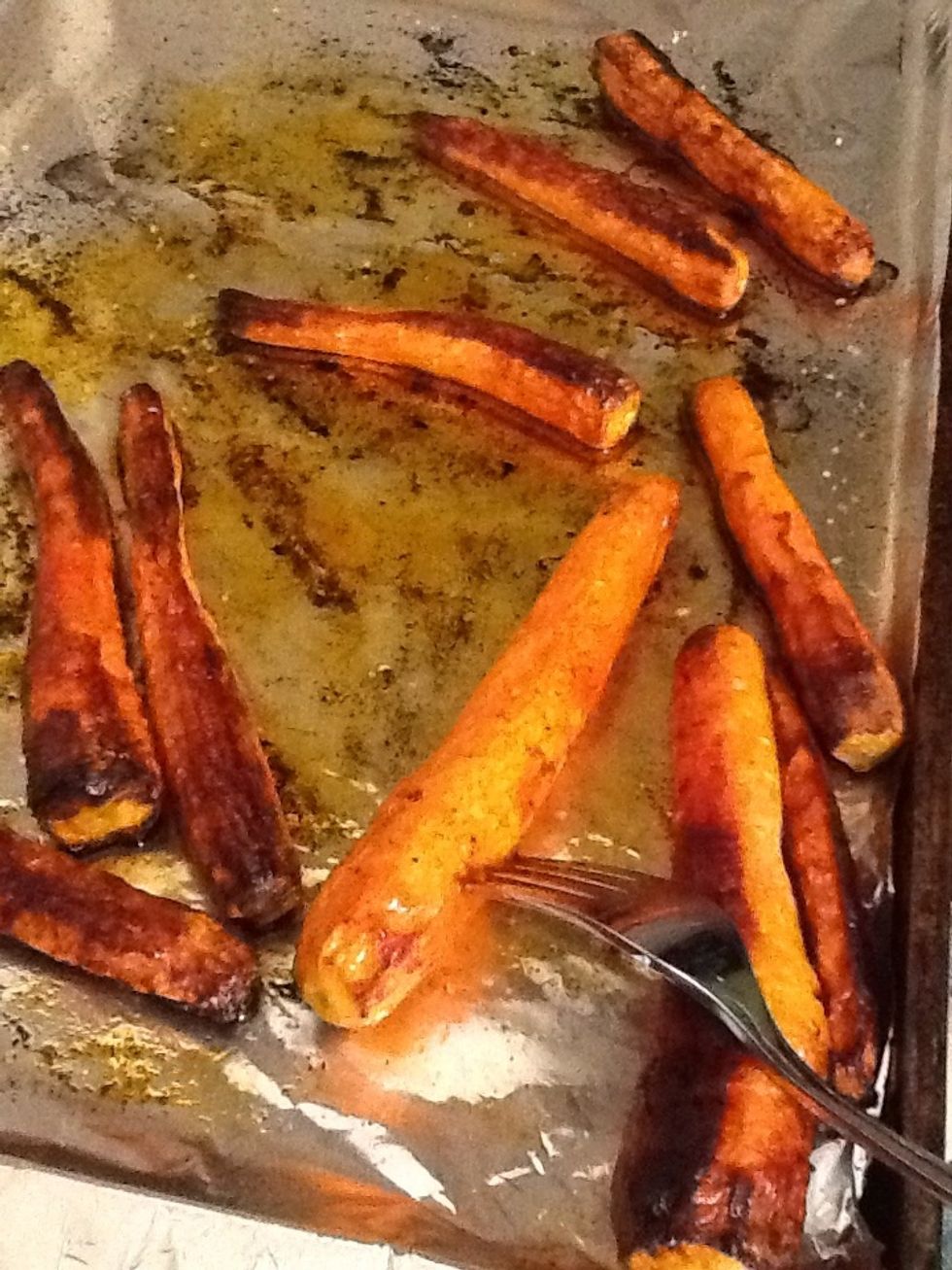 If they are nicely browned and fork tender they are done and ready to eat. If not put back into the oven for 5 minutes.