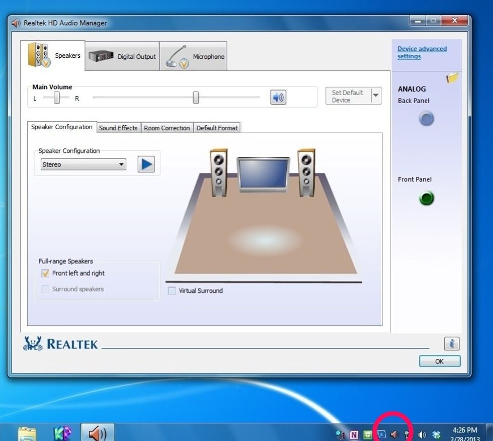 If this menu does not come up when you plug in the headphones, you can get to it by double clicking on the Realtek HD Audio Manager icon circled in red.
