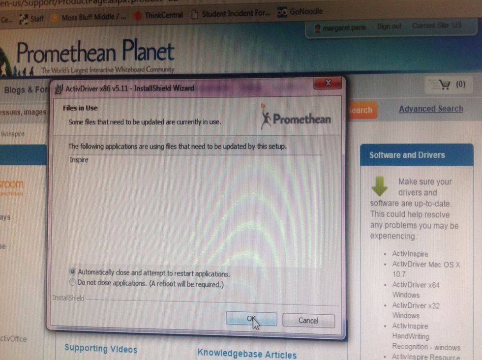 If this pops ups allow the software to close it.